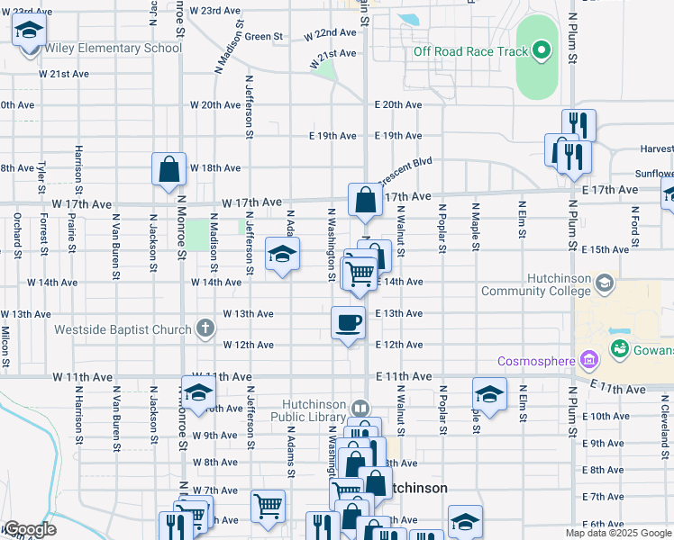map of restaurants, bars, coffee shops, grocery stores, and more near 21 West 14th Avenue in Hutchinson