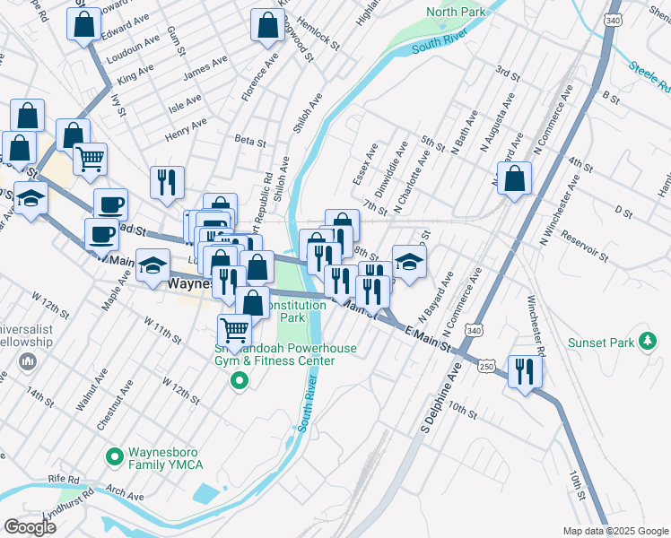 map of restaurants, bars, coffee shops, grocery stores, and more near East Ave in Waynesboro