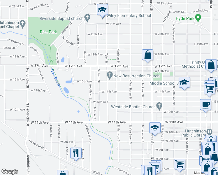map of restaurants, bars, coffee shops, grocery stores, and more near 821 West 14th Avenue in Hutchinson