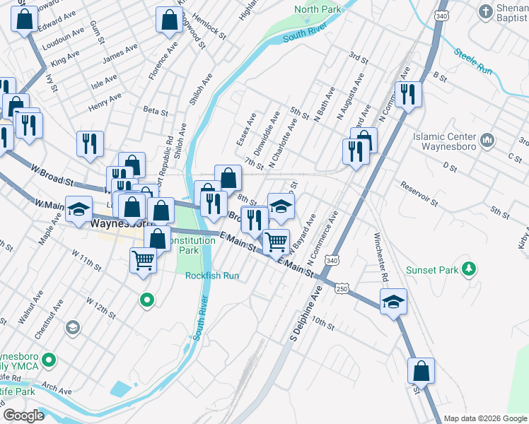 map of restaurants, bars, coffee shops, grocery stores, and more near 157-183 N Bath Ave in Waynesboro