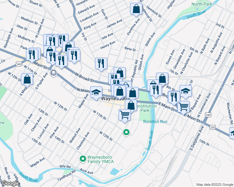 map of restaurants, bars, coffee shops, grocery stores, and more near 110 North Wayne Avenue in Waynesboro