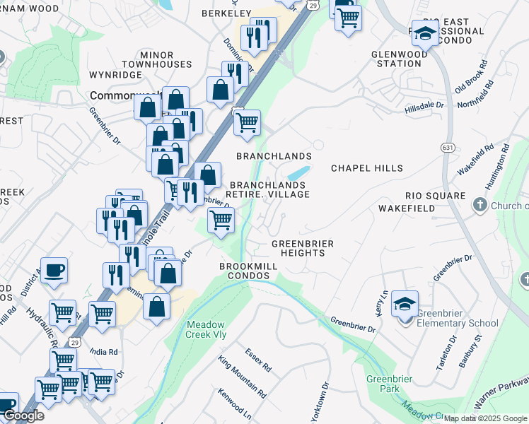 map of restaurants, bars, coffee shops, grocery stores, and more near 1194 Rose Arbor Court in Charlottesville