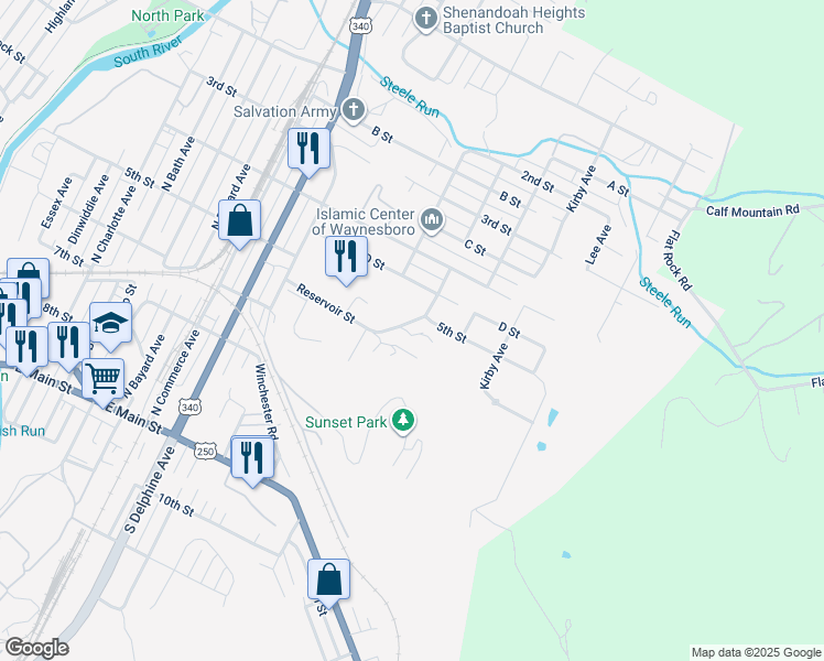 map of restaurants, bars, coffee shops, grocery stores, and more near 1384 5th Street in Waynesboro