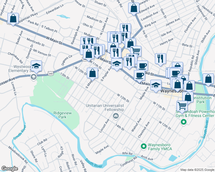 map of restaurants, bars, coffee shops, grocery stores, and more near 1201 West 12th Street in Waynesboro