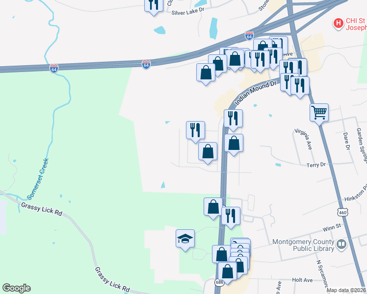 map of restaurants, bars, coffee shops, grocery stores, and more near 2005 John Stuart Drive in Mount Sterling