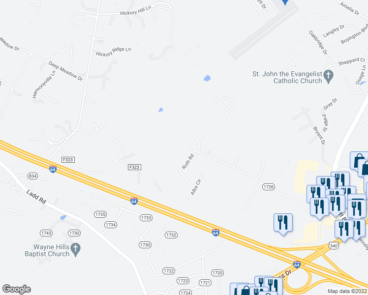 map of restaurants, bars, coffee shops, grocery stores, and more near 1820 Red Top Orchard Road in Waynesboro