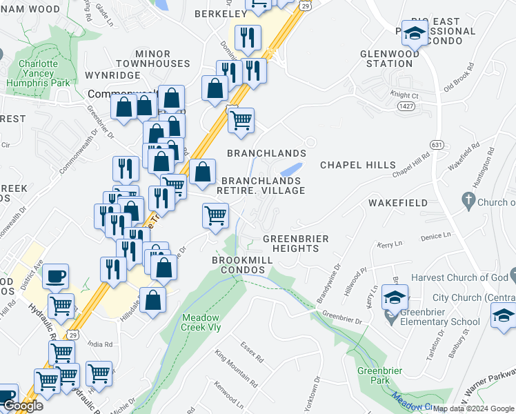 map of restaurants, bars, coffee shops, grocery stores, and more near 1194 Rose Arbor Court in Charlottesville