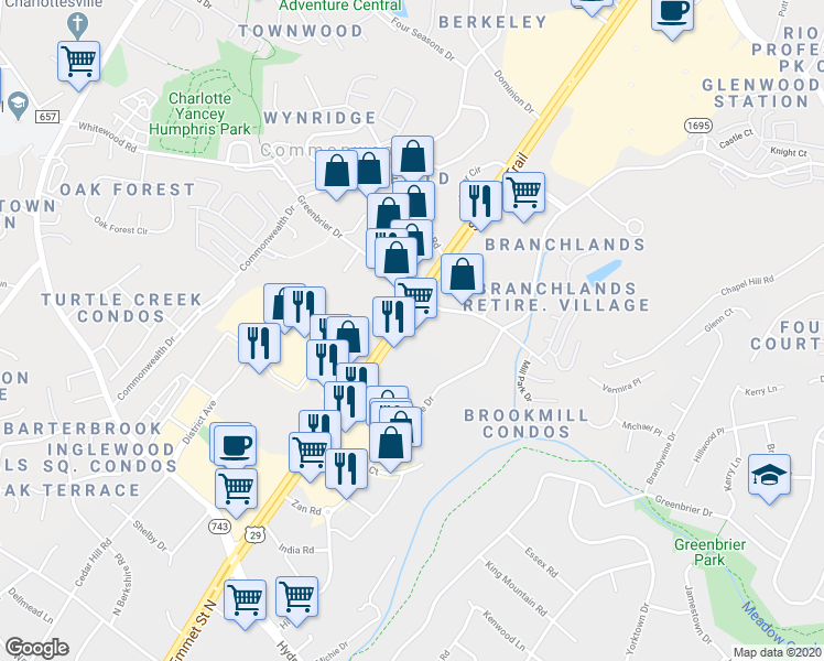 map of restaurants, bars, coffee shops, grocery stores, and more near 1197 U.S. 29 in Charlottesville