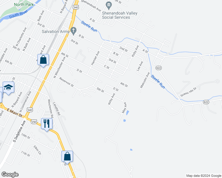 map of restaurants, bars, coffee shops, grocery stores, and more near 1516 D Street in Waynesboro