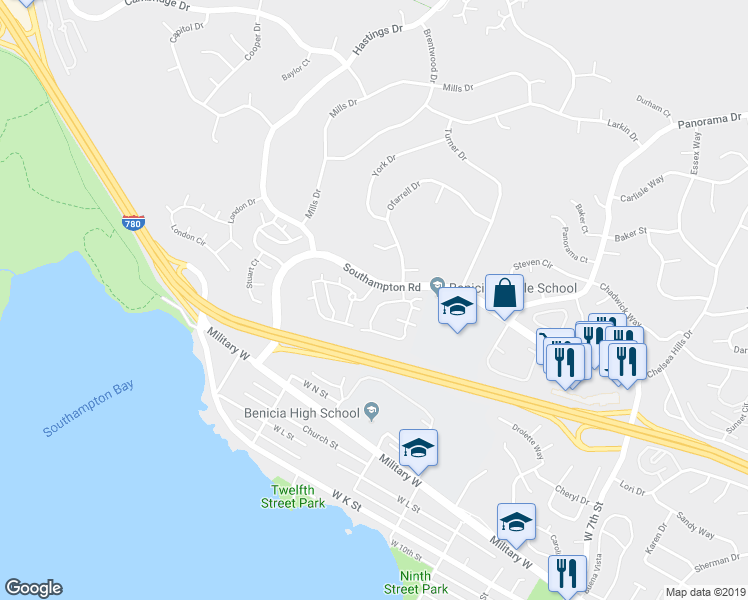 map of restaurants, bars, coffee shops, grocery stores, and more near 1245 Grove Circle in Benicia