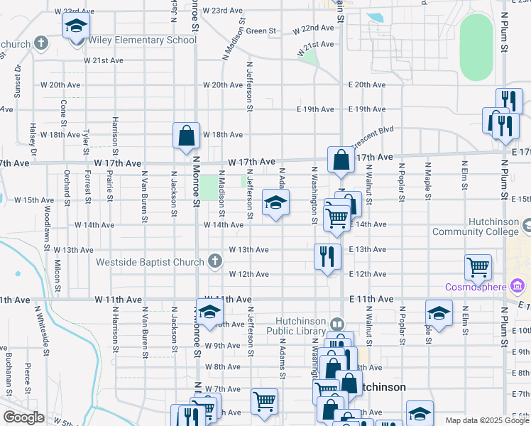 map of restaurants, bars, coffee shops, grocery stores, and more near 200 West 14th Avenue in Hutchinson