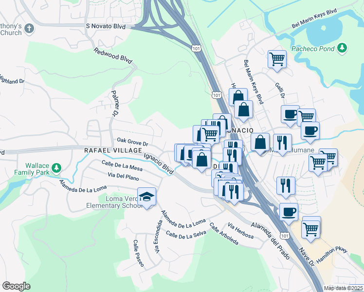 map of restaurants, bars, coffee shops, grocery stores, and more near 3 Lilac Place in Novato
