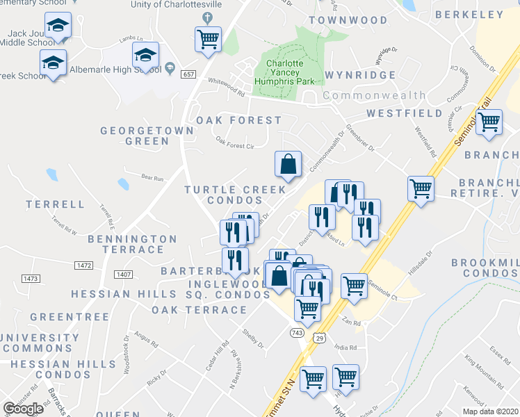 map of restaurants, bars, coffee shops, grocery stores, and more near 118 Turtle Creek Road in Charlottesville