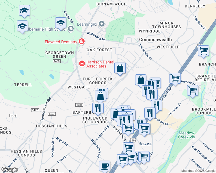 map of restaurants, bars, coffee shops, grocery stores, and more near 122 Turtle Creek Road in Charlottesville