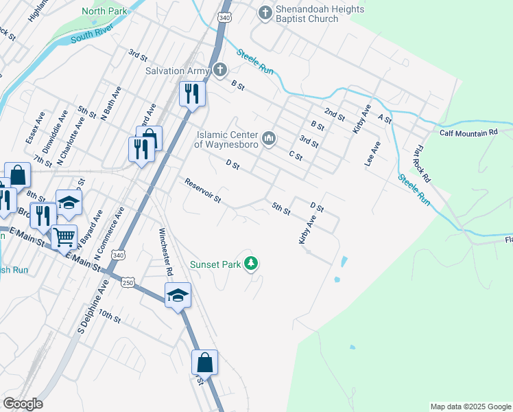map of restaurants, bars, coffee shops, grocery stores, and more near Reservoir Street in Waynesboro