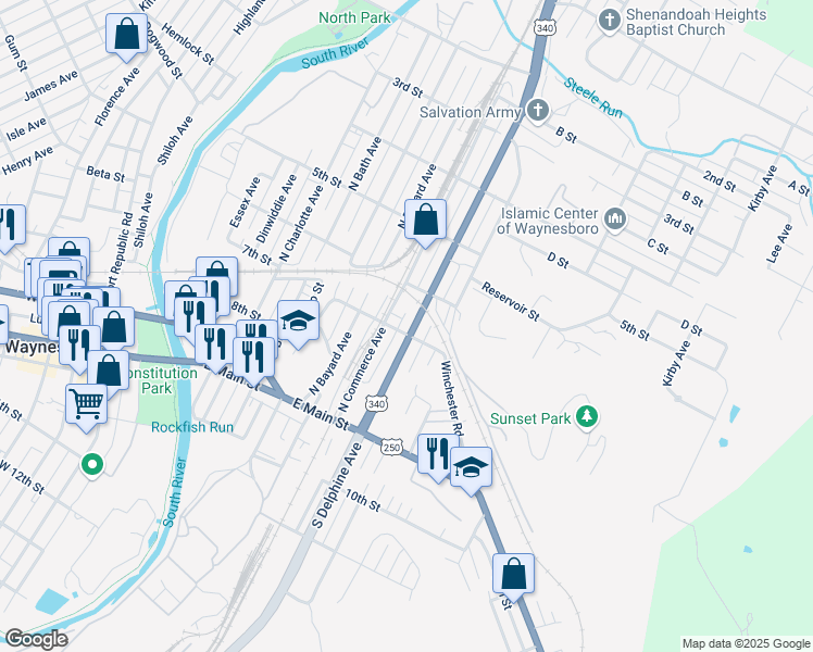 map of restaurants, bars, coffee shops, grocery stores, and more near 241 North Delphine Avenue in Waynesboro
