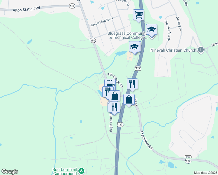 map of restaurants, bars, coffee shops, grocery stores, and more near 1006 Eagle Lake Drive in Lawrenceburg