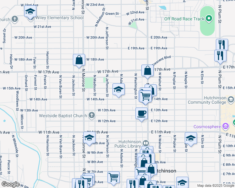 map of restaurants, bars, coffee shops, grocery stores, and more near 200 West 14th Avenue in Hutchinson
