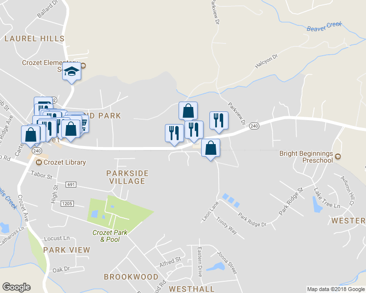 map of restaurants, bars, coffee shops, grocery stores, and more near 5474 Three Notched Road in Crozet