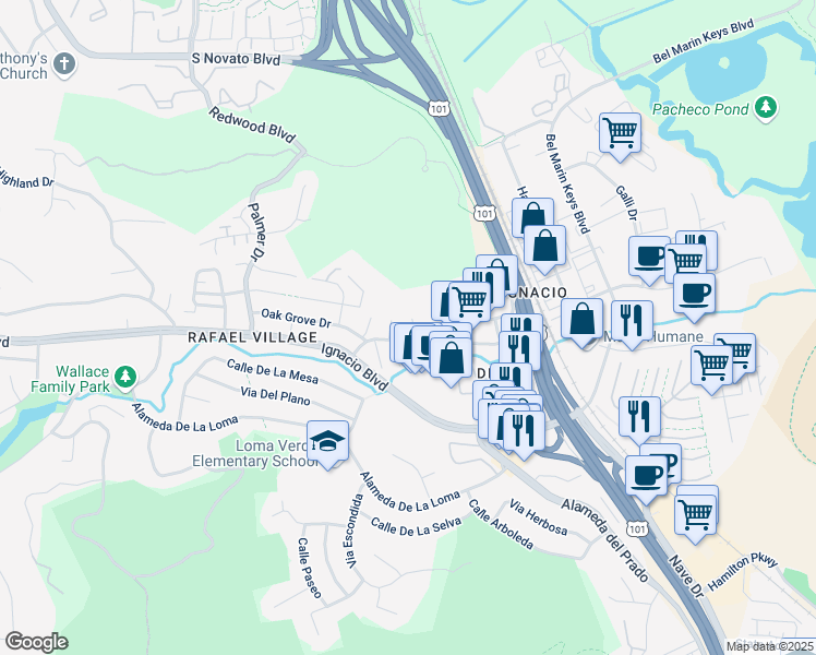 map of restaurants, bars, coffee shops, grocery stores, and more near 3 Lilac Place in Novato