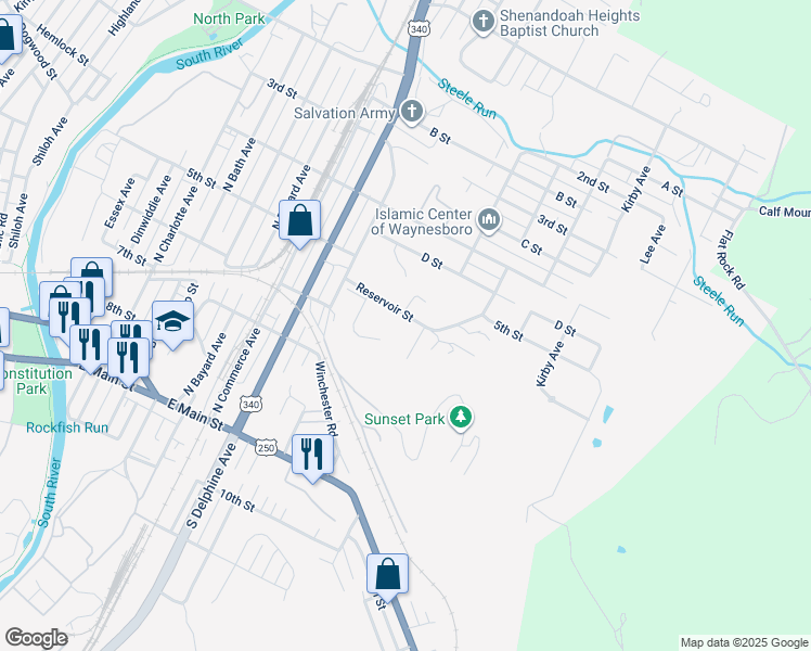 map of restaurants, bars, coffee shops, grocery stores, and more near 1112 Reservoir Street in Waynesboro