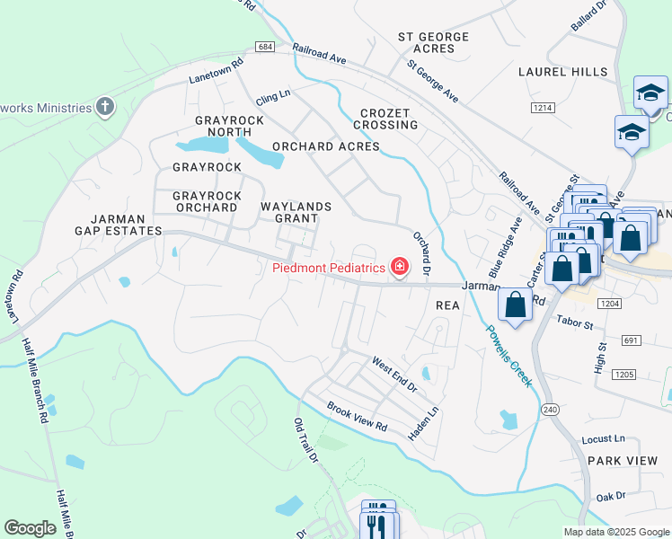 map of restaurants, bars, coffee shops, grocery stores, and more near in Crozet