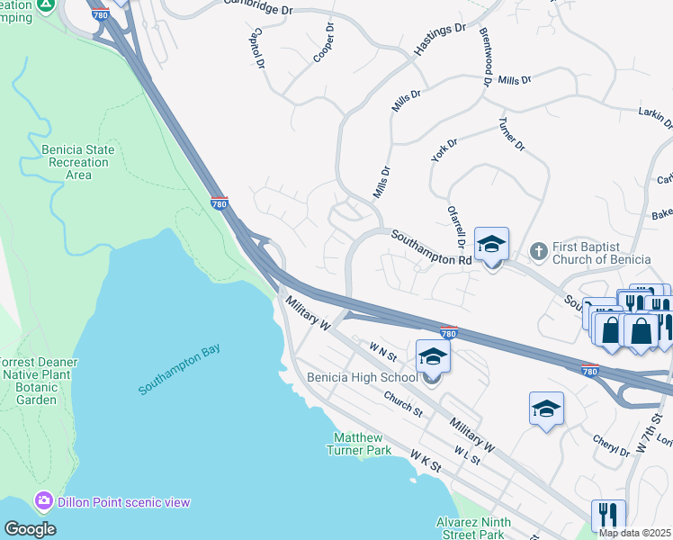 map of restaurants, bars, coffee shops, grocery stores, and more near 1714 Stuart Court in Benicia