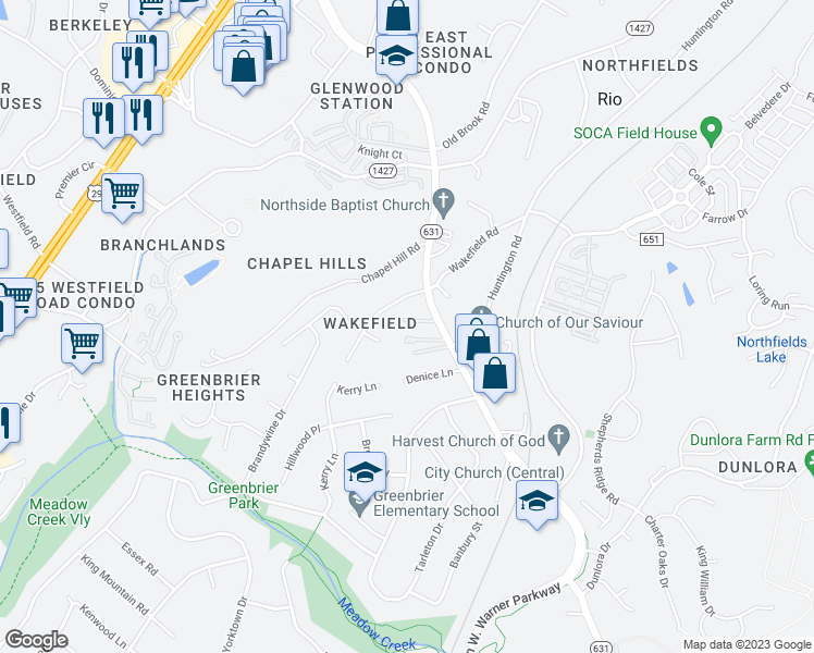 map of restaurants, bars, coffee shops, grocery stores, and more near 1039 Carrington Place in Charlottesville