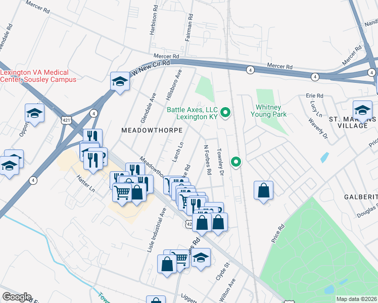 map of restaurants, bars, coffee shops, grocery stores, and more near 247 Burke Road in Lexington