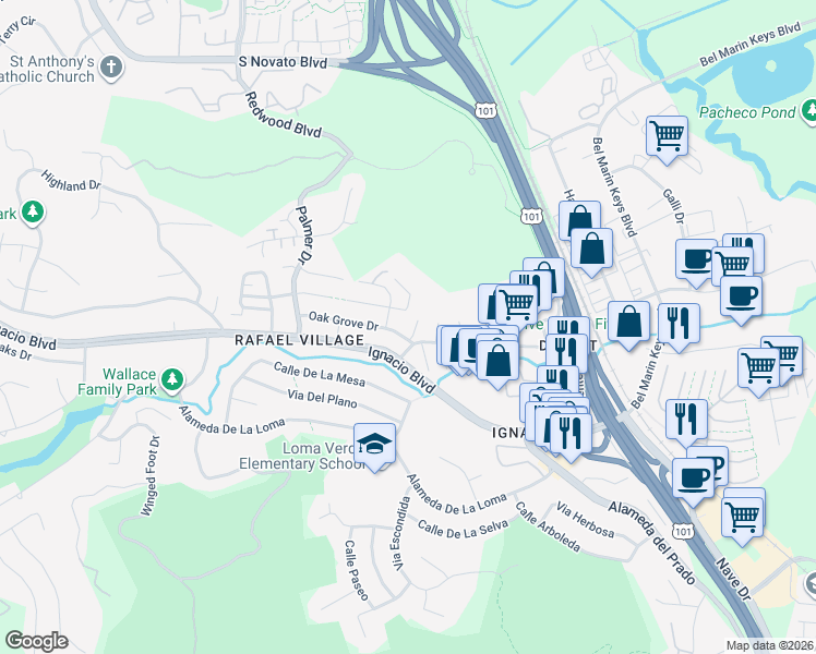 map of restaurants, bars, coffee shops, grocery stores, and more near 3 Oak Grove Drive in Novato