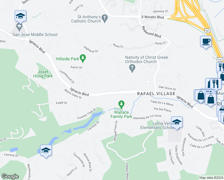 map of restaurants, bars, coffee shops, grocery stores, and more near 980 Ignacio Boulevard in Novato