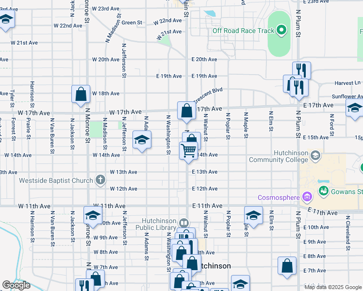 map of restaurants, bars, coffee shops, grocery stores, and more near 1328 North Main Street in Hutchinson