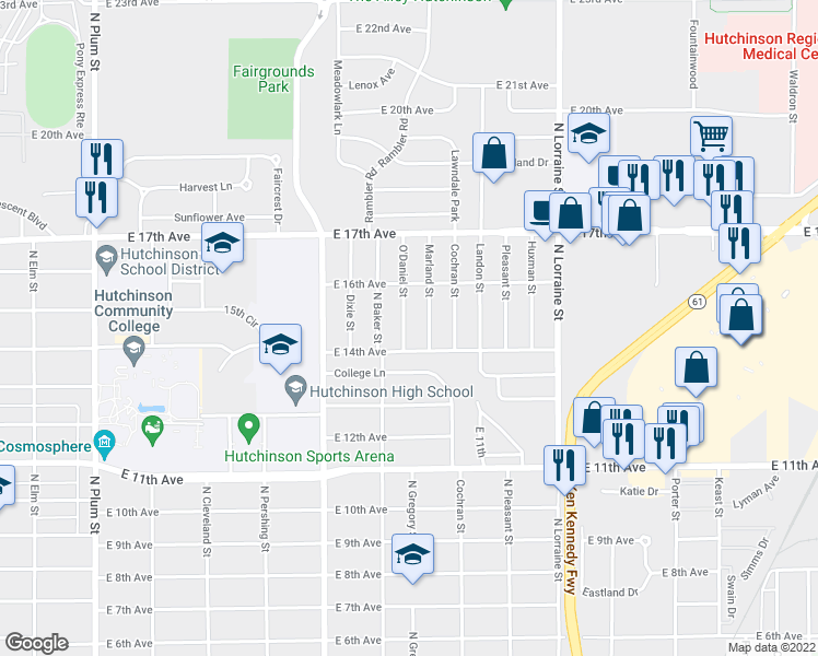 map of restaurants, bars, coffee shops, grocery stores, and more near 1408 O'Daniel Street in Hutchinson