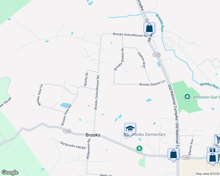 map of restaurants, bars, coffee shops, grocery stores, and more near 517 Brooks Station Lane in Brooks
