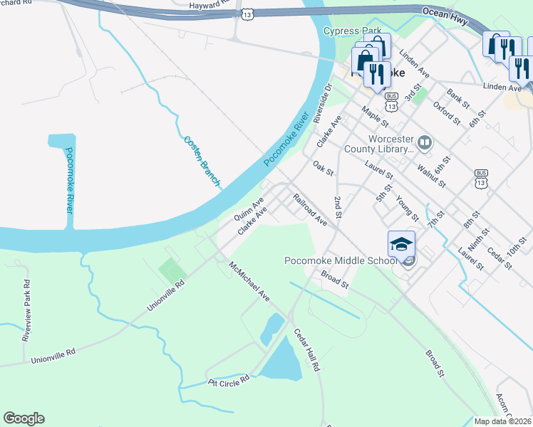map of restaurants, bars, coffee shops, grocery stores, and more near 917 Clarke Avenue in Pocomoke City