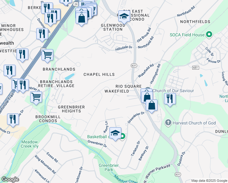 map of restaurants, bars, coffee shops, grocery stores, and more near 2301 Wakefield Road in Charlottesville