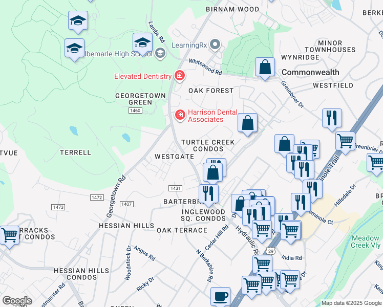 map of restaurants, bars, coffee shops, grocery stores, and more near 2606 Hydraulic Road in Charlottesville
