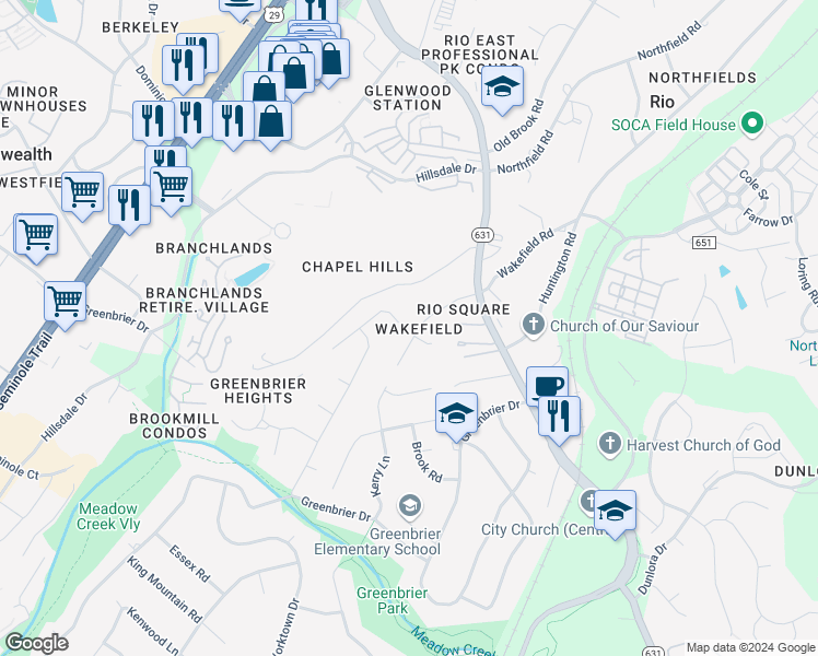 map of restaurants, bars, coffee shops, grocery stores, and more near 2301 Wakefield Road in Charlottesville