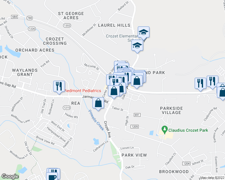 map of restaurants, bars, coffee shops, grocery stores, and more near State Route 1201 in Crozet