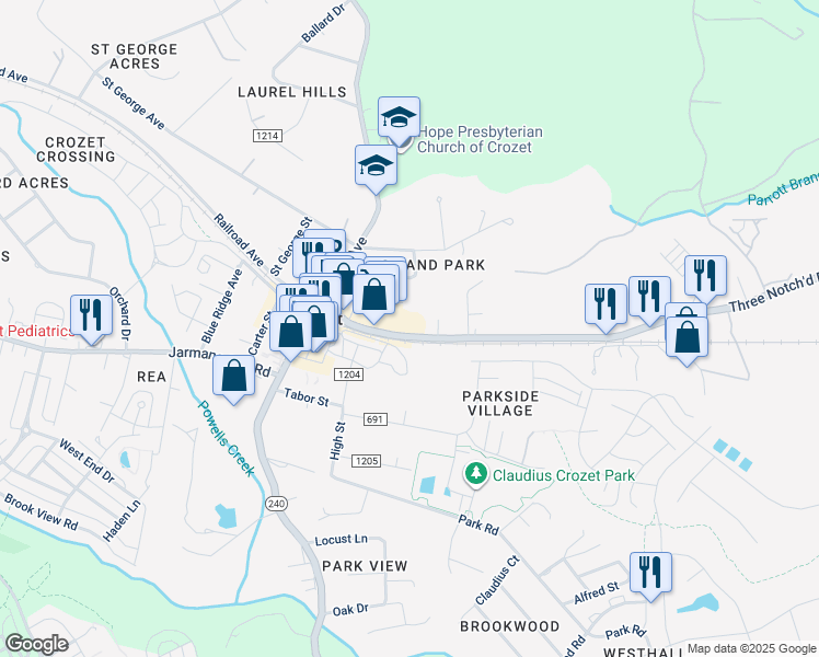 map of restaurants, bars, coffee shops, grocery stores, and more near 5714 Three Notch'd Road in Crozet