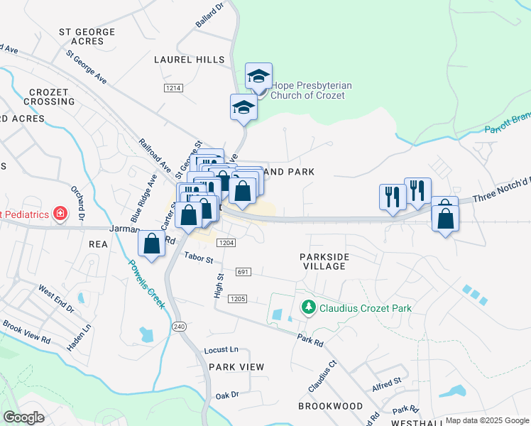 map of restaurants, bars, coffee shops, grocery stores, and more near 5714 Three Notch'd Road in Crozet