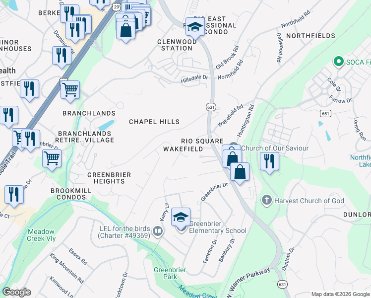 map of restaurants, bars, coffee shops, grocery stores, and more near 2305 Wakefield Rd in Charlottesville