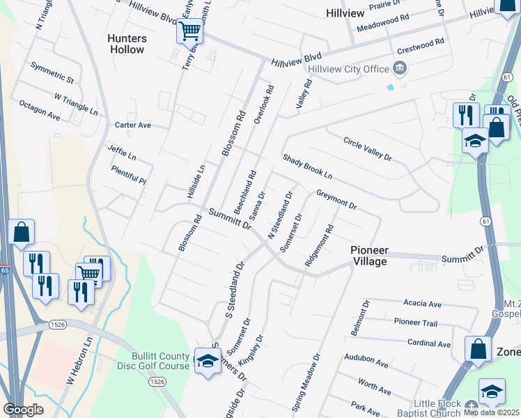 map of restaurants, bars, coffee shops, grocery stores, and more near 166 Sanna Drive in Louisville
