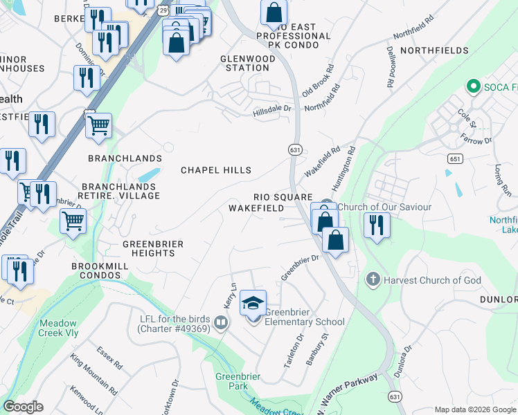 map of restaurants, bars, coffee shops, grocery stores, and more near 2305 Wakefield Rd in Charlottesville