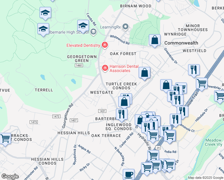 map of restaurants, bars, coffee shops, grocery stores, and more near 2620 Hydraulic Road in Charlottesville
