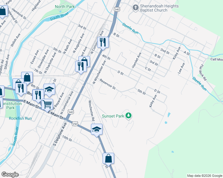 map of restaurants, bars, coffee shops, grocery stores, and more near 1101 Reservoir Street in Waynesboro
