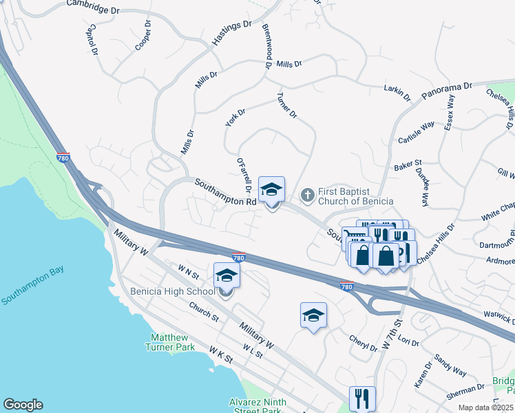 map of restaurants, bars, coffee shops, grocery stores, and more near 1109 Grove Circle in Benicia