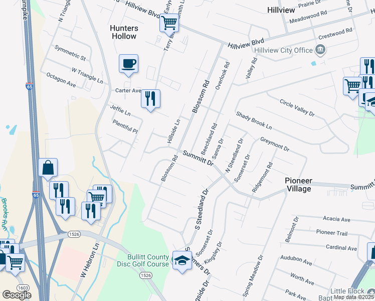 map of restaurants, bars, coffee shops, grocery stores, and more near 163 Overlook Road in Louisville