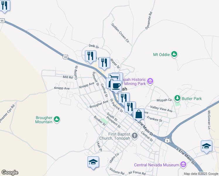 map of restaurants, bars, coffee shops, grocery stores, and more near 147 Main Street in Tonopah