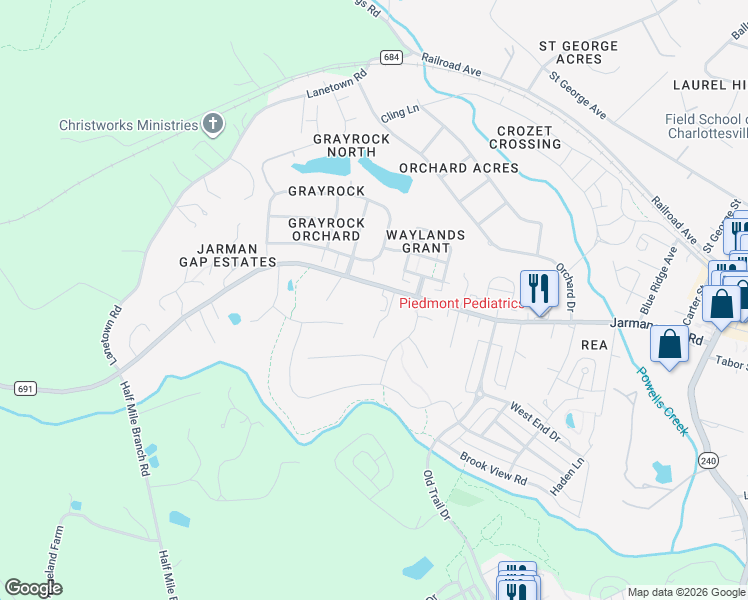 map of restaurants, bars, coffee shops, grocery stores, and more near 6118-6144 Jarmans Gap Rd in Crozet